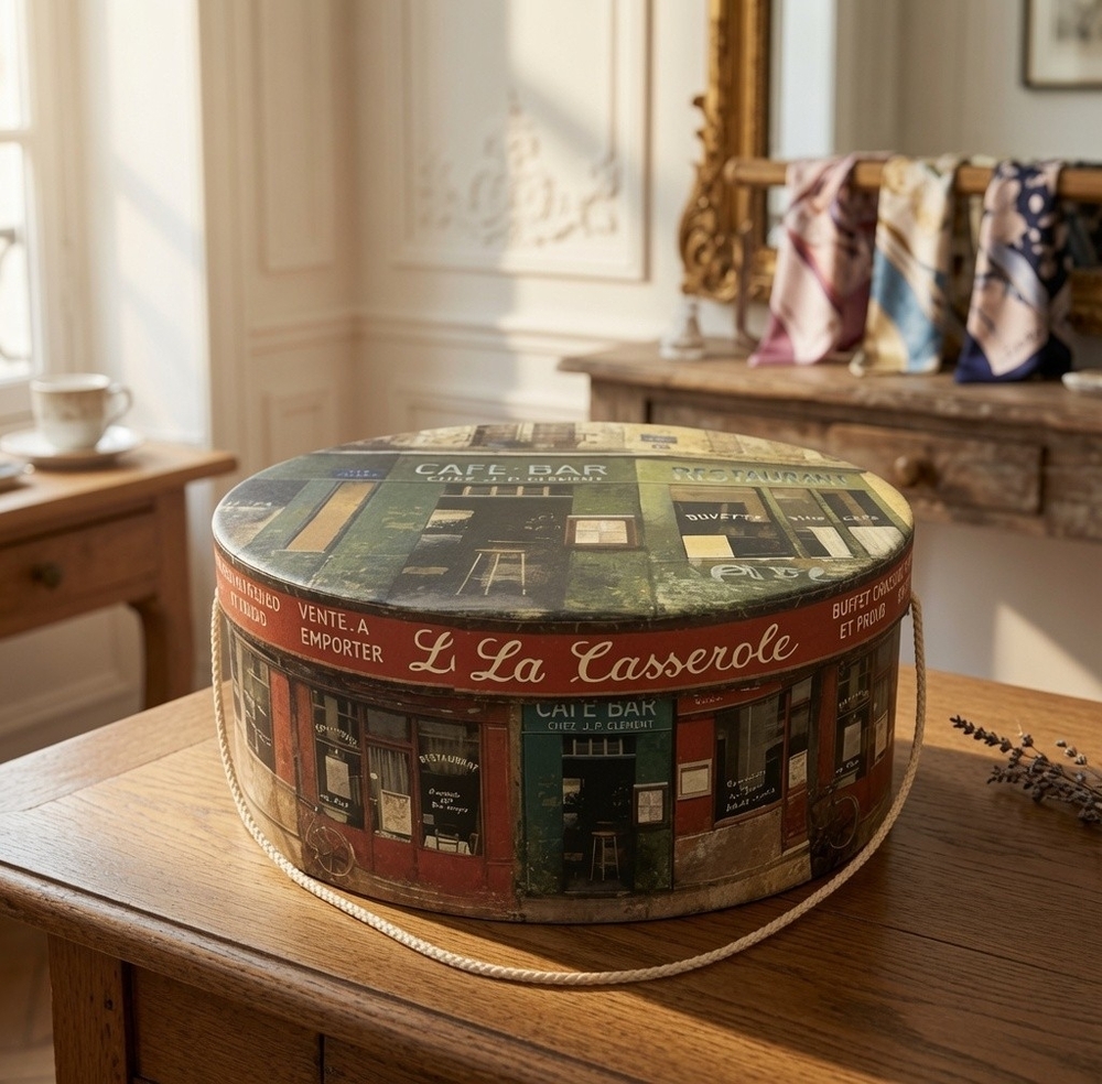 Tri-Coastal Design Paris Cafe Bar La Casserole Round Hat Box 15x6.5" EXCellent